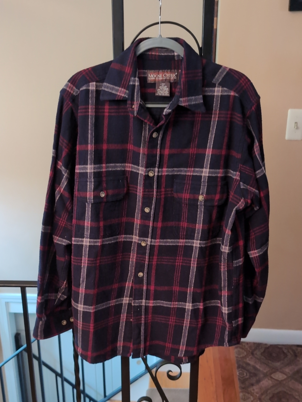 Moose Creek Heavyweight Plaid Flannel Shirt Men's L-Tall Blue Red Cotton"